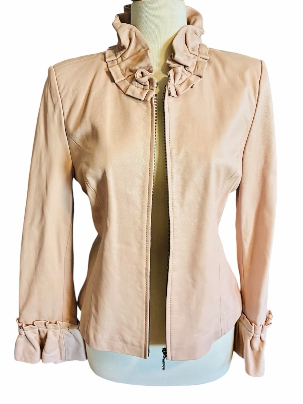 Pamela McCoy Light Pink Genuine Leather Ruffle Trim Jacket Women's Size Small - Picture 4 of 14